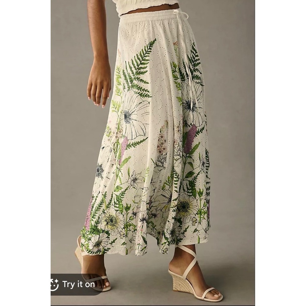 Anthropologie Forever That Girl Eyelet Floral Maxi Skirt White Green Large